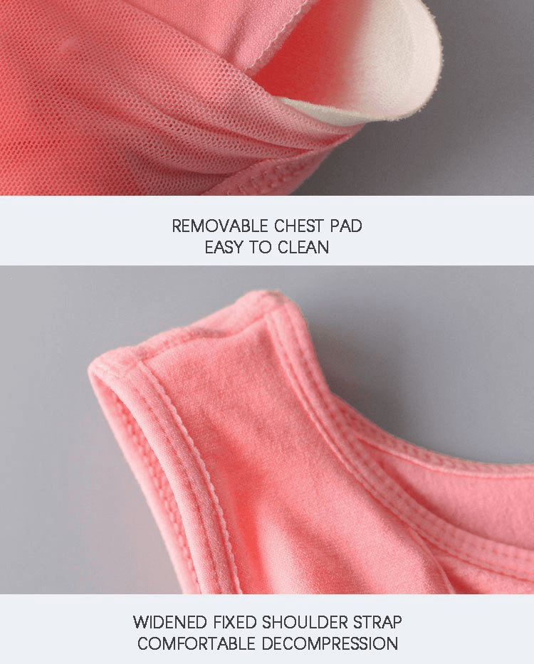 Pink sports bra fabric with removable chest pad and widened shoulder strap for comfort and easy cleaning.